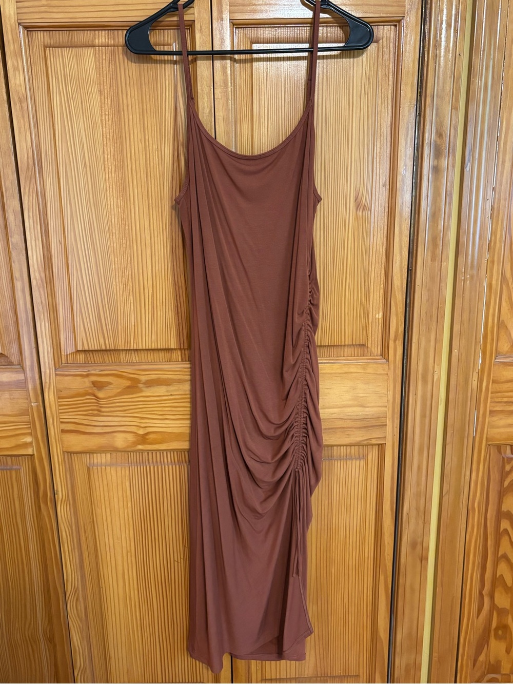 Wilfred Terracotta Brown Ruched Spaghetti-Strap Midi Dress